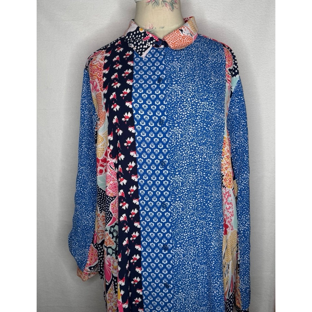 Susan Graver Patchwork Print Shirt Dress Duster Liquid Knit Blue Women's L Artsy